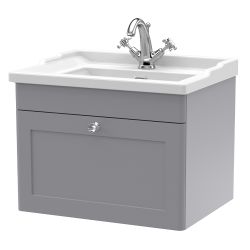 Nuie Classique 600mm Wall Hung 1 Drawer Vanity Unit & 1TH Traditional Basin - Satin Grey