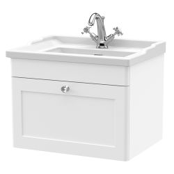 Nuie Classique 600mm Wall Hung 1 Drawer Vanity Unit & 1TH Traditional Basin - Satin White