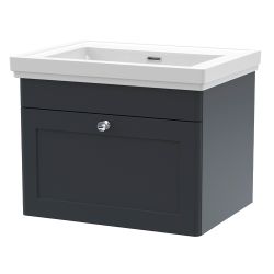 Nuie Classique 600mm Wall Hung 1 Drawer Vanity Unit & Fireclay Basin - Satin Anthracite