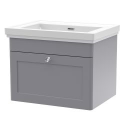 Nuie Classique 600mm Wall Hung 1 Drawer Vanity Unit & Fireclay Basin - Satin Grey
