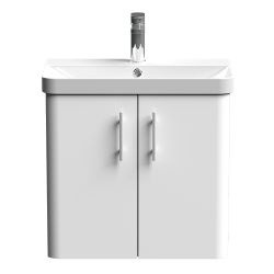 Nuie Core 600mm 2 Door Wall Hung Vanity Unit With Basin & Knurled Bar Handle - Gloss White