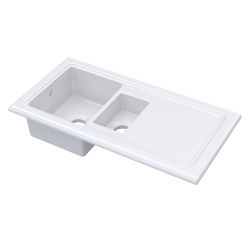 Nuie Fireclay 1.5 Bowl Inset Sink with Smooth Drainer & Central Waste 1010mm - White