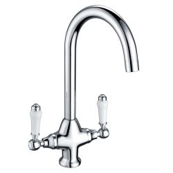 Prima Traditional Belfast 1 Tap Hole Dual Lever Kitchen Sink Mixer - Chrome / White