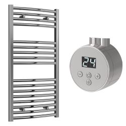 Reina Diva Electric Curved Towel Radiator with Chrome Mini Round Thermostatic Element 600mm x 1400mm - Chrome