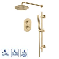 Serene Round Thermostatic Bar Shower Valve with Sliding Rail Kit, Shower Arm & Fixed Head - Brushed Brass